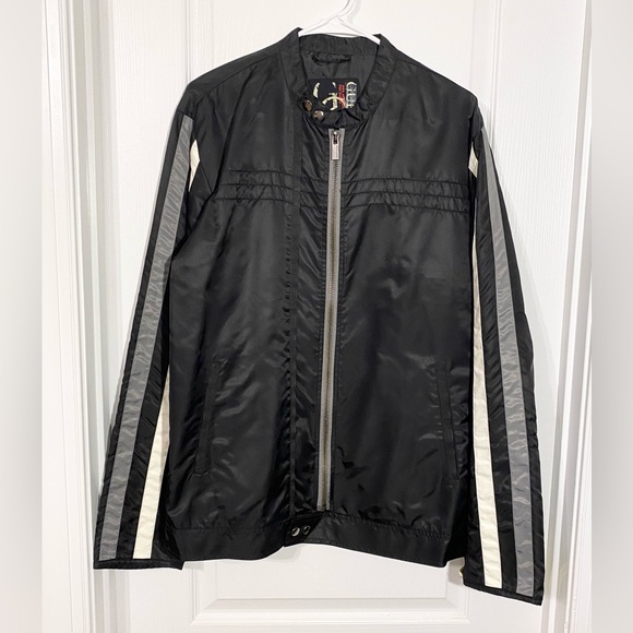 Y2K GUESS Moto Jacket, Black Nylon, Gray White Racer Stripe, Men's Large, EUC - Picture 1 of 9